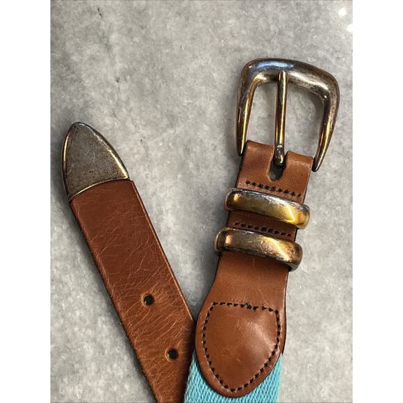 Leather Man Flamingo Embroidered Canvas Leather Belt Mens 32 Blue Pink Handmade - Picture 3 of 9